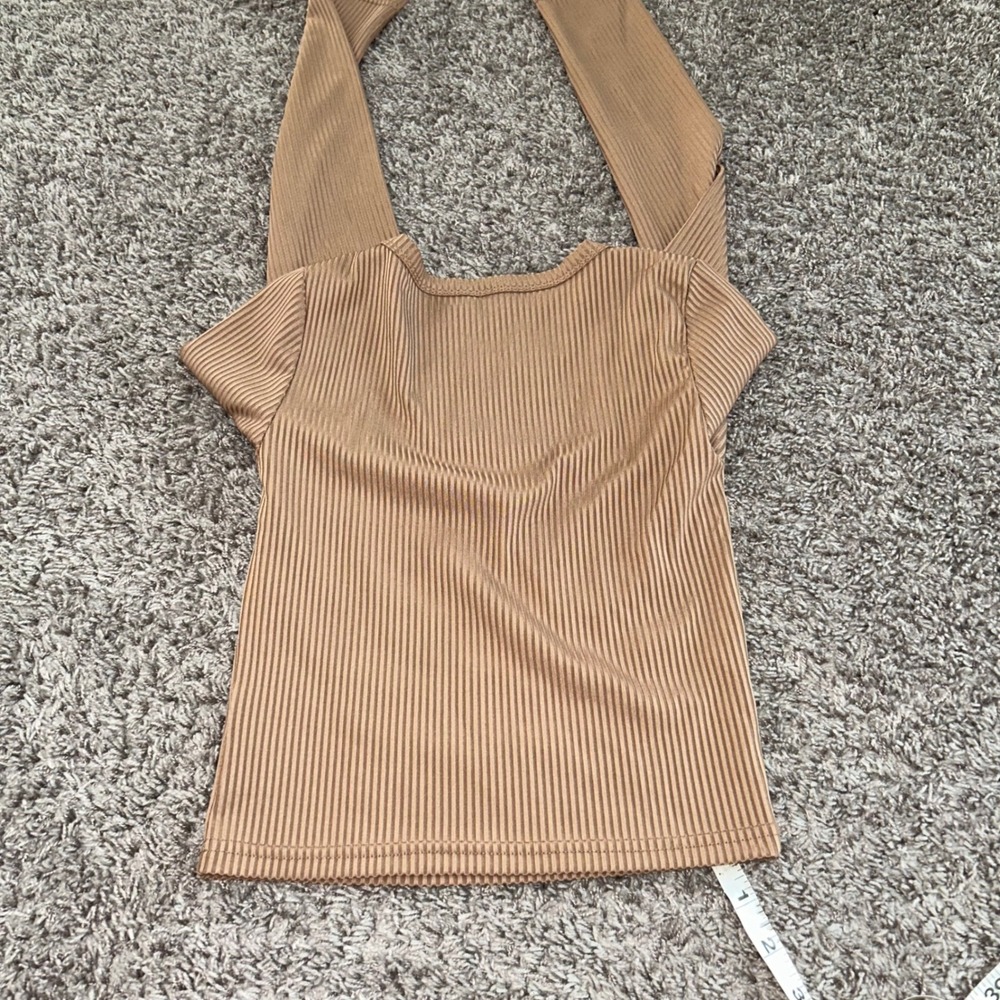 Shein Ribbed Knit‎ Long Sleeve Top Scoop Neck Tan Crop Top - Picture 3 of 6